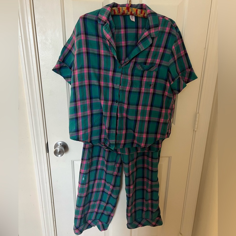 Victoria Secret pink and green pj set. Top Size M, bottom Size L.